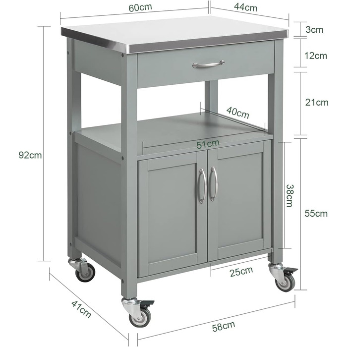Візок для кухні SoBuy FKW22-SCH зі стільницею з нержавіючої сталі, 60x944.5см (світло-сірий)