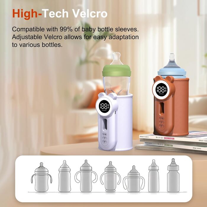 Підігрівач молока для дитячих пляшечок з LED-дисплеєм 8000mAh, USB-C зарядка, 6 температурних режимів, синій (Teddy brown)