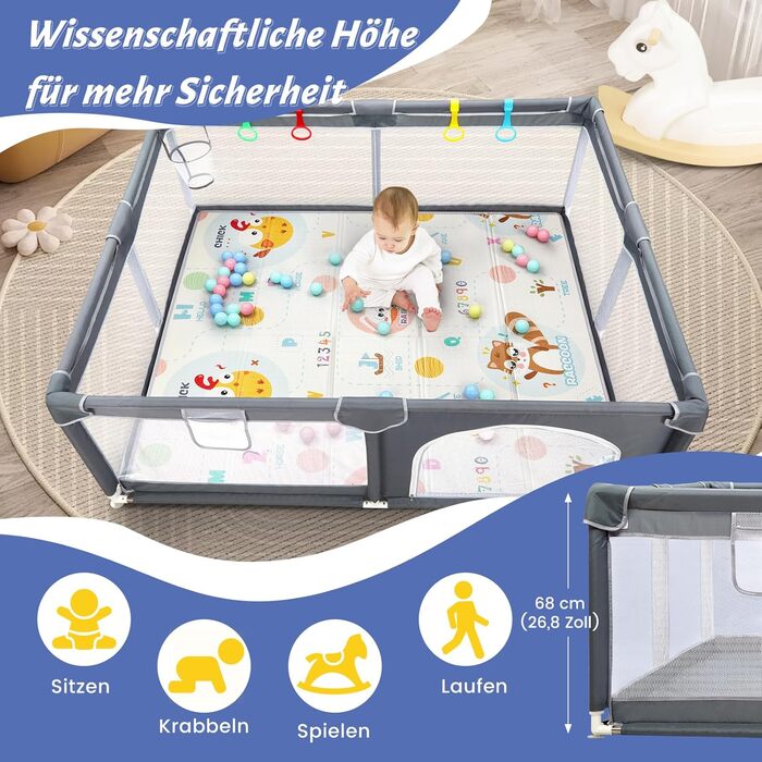 Манеж дитячий CHOLY для немовлят та малюків, 128x128 см (сірий з килимком 150x180 см) - безпечний, міцний, з сіткою та захистом