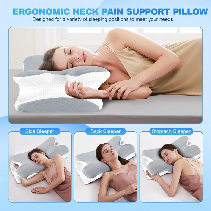 Ортопедична подушка для шиї LNZHAO з Memory Foam - для сну на боці, спині, животі - для зняття болю в шиї та плечах (сіра)