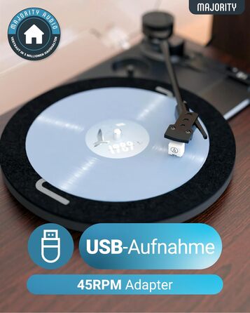 Вініловий програвач Majority Moto Plus з Bluetooth, вбудованими динаміками, USB-записом, касетою преміум-якості, адаптером 45 об/хв та фетровим килимком