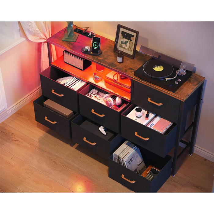 Комод Coleshome з висувними ящиками, LED-підсвічуванням, 2 USB-портами та розетками, 7 тканинних ящики, 132*30*89 см (Ретро колір)