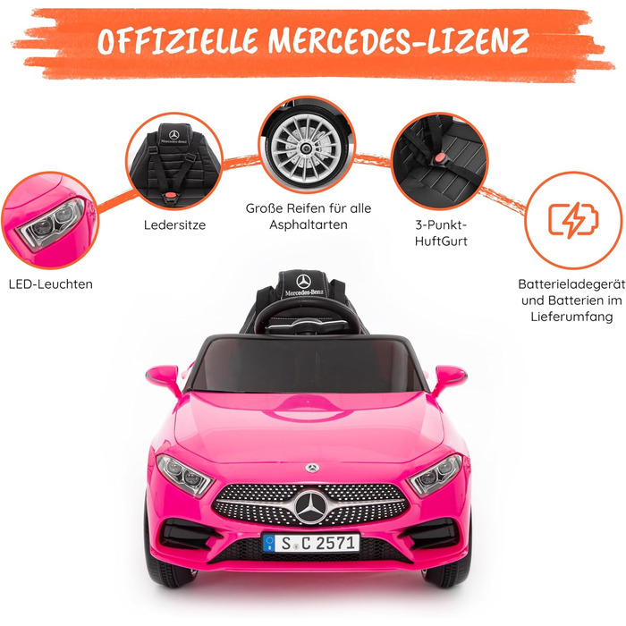 Дитячий електромобіль Mercedes CLS 350 AMG рожевий, ліцензія, 12V, шкіряні сидіння, пульт, MP3