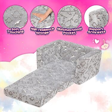 Дитяче диван-ліжко BEJOY 2 в 1 з розкладним механізмом, м'яке крісло, дитячий диван з Sherpa тканини, сірий з динозаврами, ідеальний подарунок для дівчаток та хлопчиків