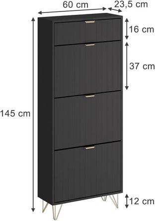 Шафа для взуття Vicco Helge, чорна, 60 x 145 см, 3 відділення