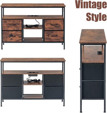 Вінтажна шафа для вітальні з LED-підсвічуванням, комод у стилі вінтаж з 4 висувними ящиками, 110x30x78 см, 2 USB та 2 AC роз'єми, дерев'яний комод для вітальні/кухні