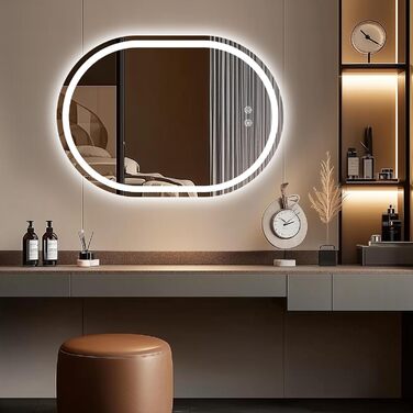 Дзеркало для ванної кімнати з підсвічуванням 50x70 см, овальне, з сенсорним вимикачем, протитуманне, диммер, 3 кольори світла (3500K-6500K)