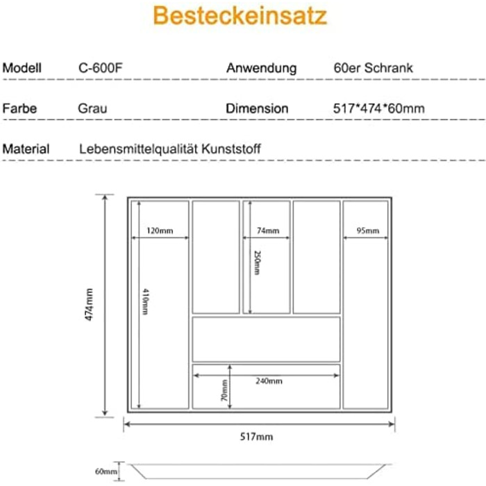 Вставки для столових приборів MUHOO 60-дюймова вставка для столових приборів Кухня для висувних ящиків пластиковий кухонний шафа 517 x 474 мм
