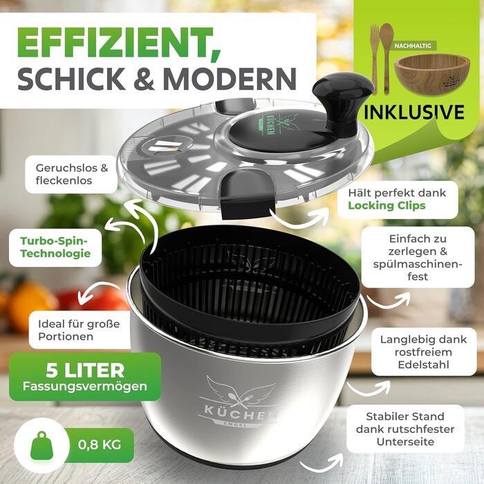 Салатниця-швидкоочисник з нержавіючої сталі, 5л [з мискою та бамбуковим приладдям]