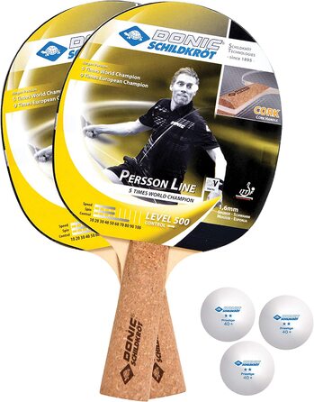 Набір для настільного тенісу з черепахою Donic Persson 500, 2 ракетки зі зручною корковою ручкою, 3 м'ячі дуже хорошої якості 2*, якісна сумка, комплектація, 788490 (комплект з 3-зірковим м'ячем для настільного тенісу, 6 шт.), Набір для настільного тенісу