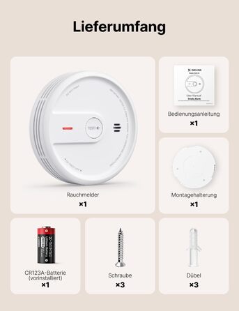 X-Sense Розумний димовий датчик з Wi-Fi, EN 14604, нічний режим, 10 років служби, змінна батарея, керування через додаток, XS0E-iR, білий