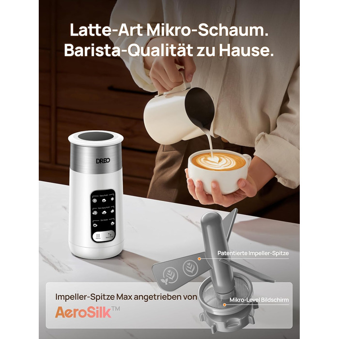 Dreo електричний спінювач молока 8-в-1 для лате арт, 270 мл, з підігрівом, LED, білий