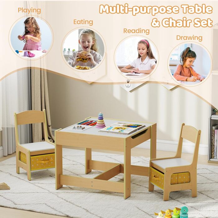 Дитячий меблевий набір GOPLUS 3в1: стіл та 2 стільці, дерев'яний, з місцем для зберігання, для дому, жовтий
