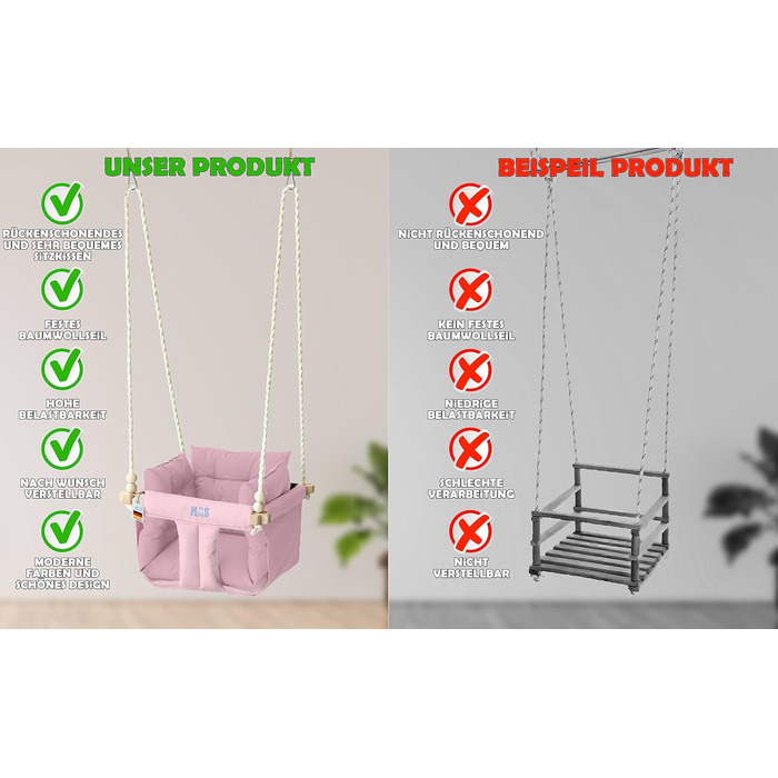 Дитяча гойдалка для дому та саду з бука, рожева. Максимальне навантаження 25 кг. Комплект кріплення