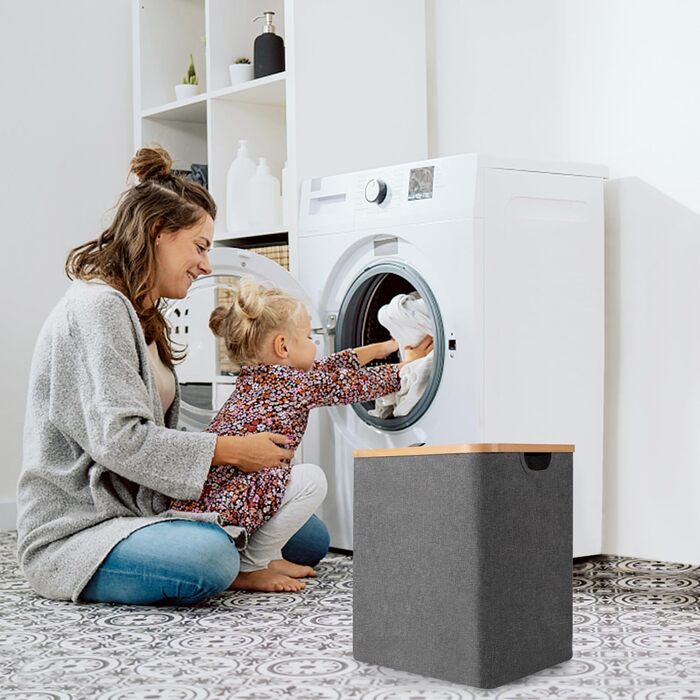 Кошик для білизни Rieeyrslza з кришкою, 158 л, бамбук, 2 знімні мішки для білизни, Oxford, складний, сортувальник, для ковдр та одягу (сірий)