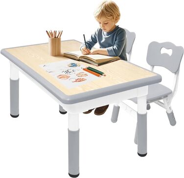 Дитячий стіл зі стільцями (80x60 см), регульована висота, сірий. Ідеально для дитячого садка, ігор, малювання. Легко миється. Комплект для дітей від 2 років.