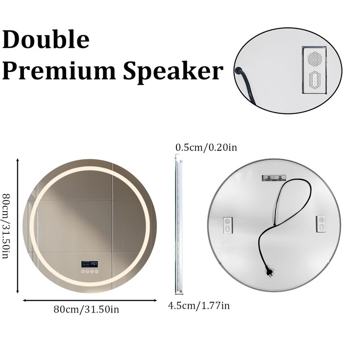 Дзеркало для ванної кімнати LUVODI круглої форми з підсвічуванням: LED дзеркало 60 см з фоновою та фронтальною підсвіткою, 3 кольори, регулювання яскравості, сенсорне управління, антизапар, енергозбереження, для ванної кімнати, гостьового туалету (Bluetoo