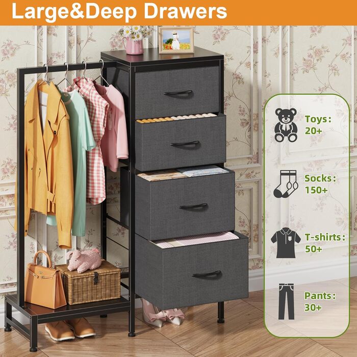 Комод 111 см з 4 висувними ящиками з тканини, шафа для одягу, комод для спальні, вітальні, передпокою, сірий (30T x 76.5B x 111H см)