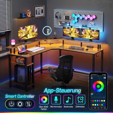 Комп'ютерний стіл Rolanstar L-подібний з RGB підсвічуванням та розетками, геймінговий стіл з полицею та 2 гачками, для офісу, робочого кабінету, спальні (117см) (Вінтажний коричневий, 137 x 77 x 87 см)