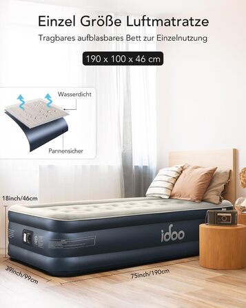 Надувний матрац iDOO самонадувний, 2 персони, з електричним насосом, для кемпінгу, 152x203x46 см, 295 кг