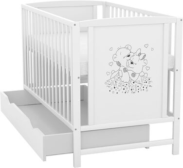 Дитяче ліжко Baby Delux 60x120 см біле, мотив ведмедя, з ящиком і матрацом