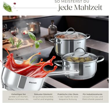 Набір каструль tectake® 7 шт. з нержавіючої сталі: каструлі з кришками для плити (індукційна, газова, електрична) - кухонний набір для дому та кемпінгу