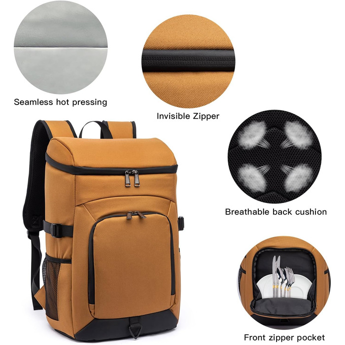 Рюкзак-холодильник Laripwit 54 літри, ізольований, з відділенням для холоду, коричневий - для пікніків, подорожей, кемпінгу, тактики, пляжу