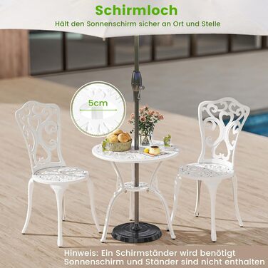 Бistroset COSTWAY: стіл з 2 стільцями, отвір для парасольки, садові меблі з алюмінію та чавуну, білий (Blume)