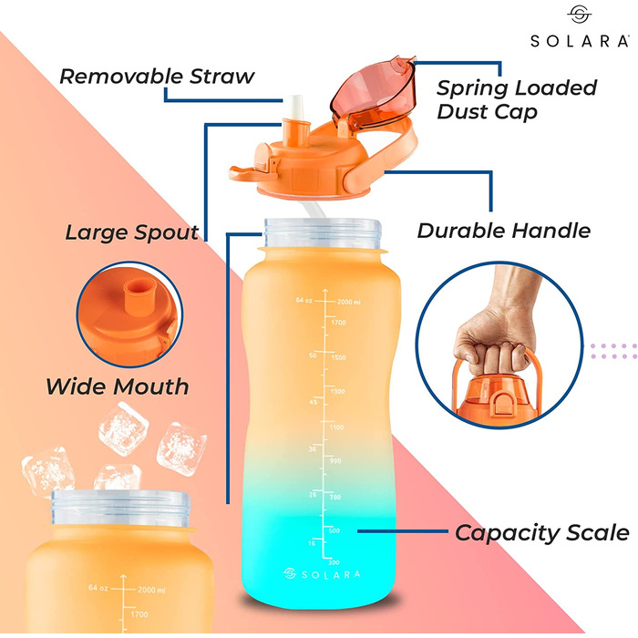 Пляшка для пиття SOLARA з соломкою / пляшка для пиття об'ємом 1 л з позначкою часу / пляшка для води Трітан об'ємом 1 л з позначкою часу герметична пляшка для води об'ємом 1000 мл з соломинкою, що не містить бісфенолу А (помаранчевий бірюзовий, 2 літри)
