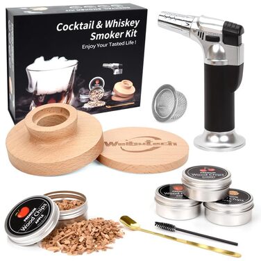 Набір для копчення коктейлів Whiskey Smoker Kit з пальників, для віскі, бурбону, з 4 смаками дерев'яної стружки, подарунковий набір для любителів коктейлів, чоловіків, тата, чоловіка, шефа
