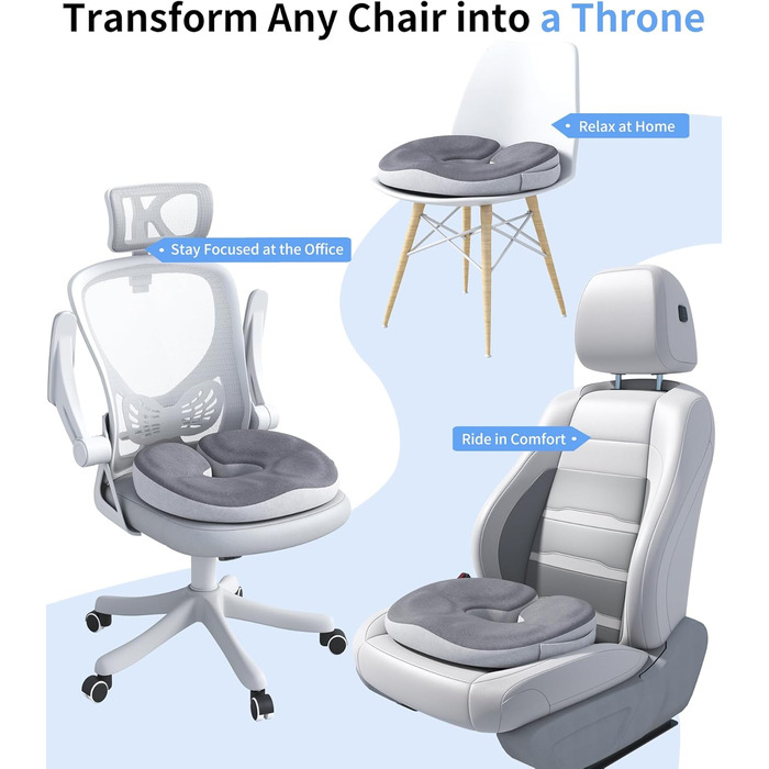 Ортопедична подушка-кільце з ефектом пам'яті Memory Foam для копчика та копчик-підтримки, пом'якшення болю при геморої, ішіасі, вагітності та післяопераційному відновленні (сіра)