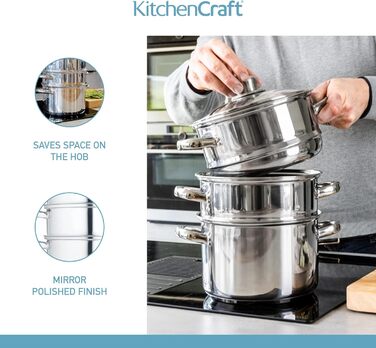 Набір каструль KitchenCraft 3 яруси, індукційний, нержавіюча сталь, 16 см, срібло, в подарунковій коробці