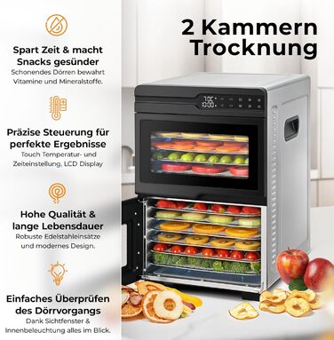 Електрична сушарка для фруктів та овочів Balter з нержавіючої сталі, 12 ярусів, 1100 Вт, 70 л, 12000 см² поверхні сушіння, BPA-free, 35–75 °C, таймер до 72 год, 2 камери