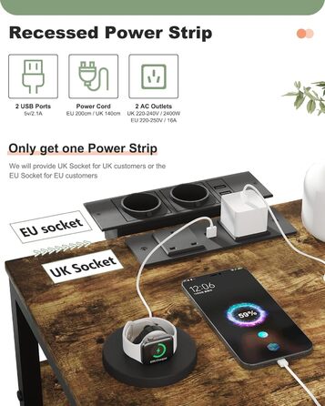 Нічний столик з бездротовою зарядкою, 2 розетки AC та 2 USB-порти, 3 шухляди, коліщатка, вінтажний дизайн, чорно-коричневий (для вітальні, спальні)