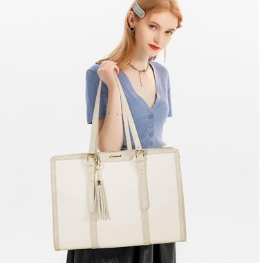 Сумка для ноутбука LOVEVOOK 15.6 дюймів для жінок: велика, на плечі, кросбоді, shopper, з канвасу, елегантна, для офісу, роботи, подорожей (бежева)