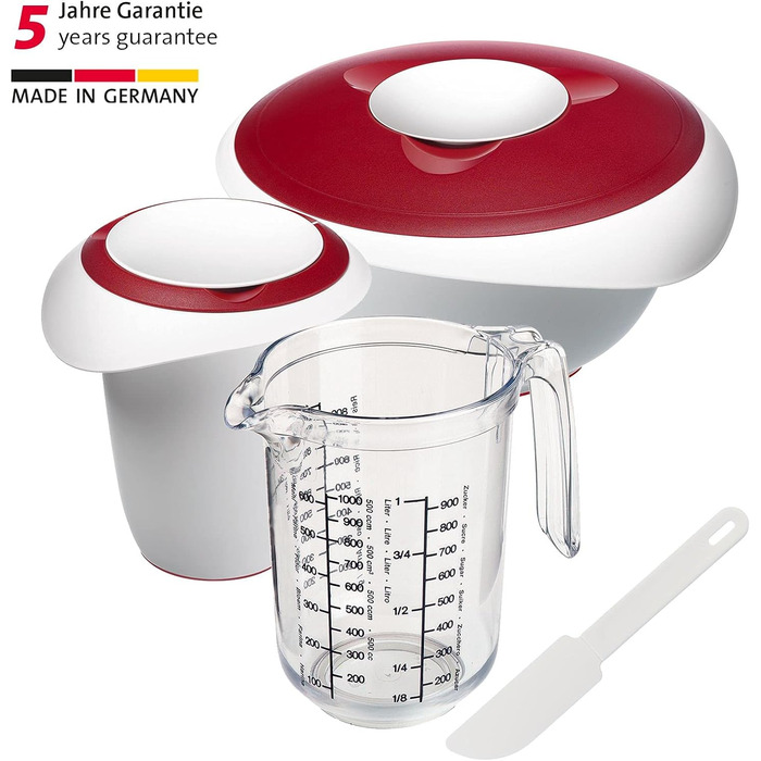 L - з носиком - кришка з двох частин - миска без бісфенолу А, нековзна та придатна для миття в посудомийній машині (червона/біла) (біла/червона, набір для випічки 4 штуки), 3,5