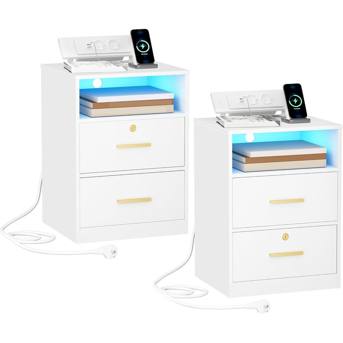 Комплект приліжкових тумб Hzuaneri з LED-підсвіткою, USB і Type-C портами, замком, 2 ящиками та відкритою полицею, білий для спальні та вітальні