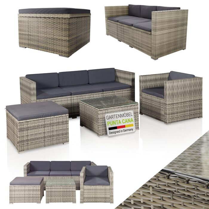 Садовий набір меблів Juskys Polyrattan Punta Cana для 4-5 осіб: диван, крісло, пуф, стіл, подушки - Чорно-сірий (меланж / темно-сірий)