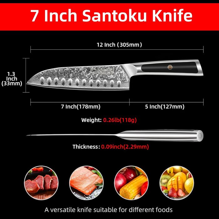 Ніж Sunnecko Дамаск - кухонний ніж. Гострий ніж з дамаської сталі. Азіатський універсальний кухонний ніж для дому та кухні з ергономічною ручкою (7 дюймів Сантоку)