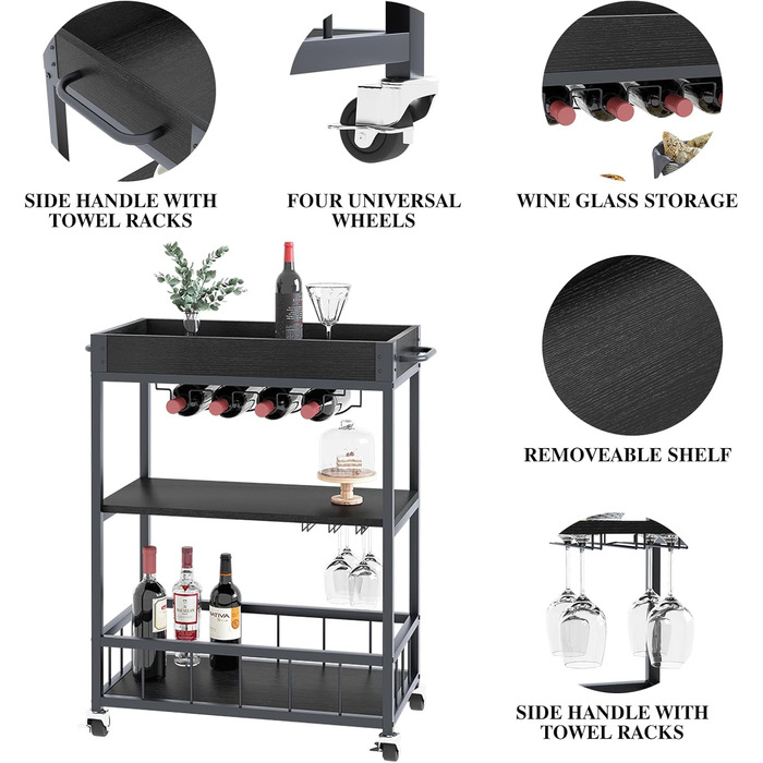 Сервізний візок Huhote з полицею для вина, барний візок, візок для напоїв, візок на колесах, візок для вина в їдальню, кухню, вітальню, бар, на вечірку, з імітацією текстури дерева (чорний, безіржавний кошик)