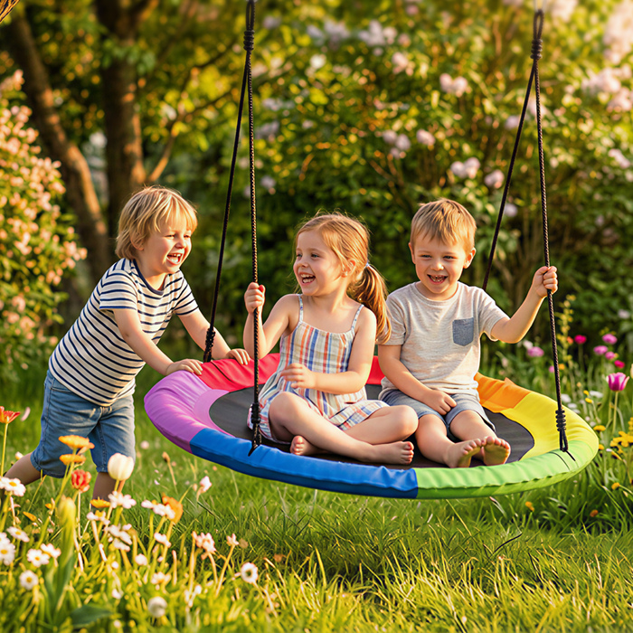 Дитяча гойдалка-качель з регульованою висотою, вантажопідйомністю до 300 кг та регульованими мотузками, розміром 100 x 100 x 180 см, у різних кольорах.