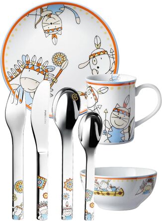 Дитячий посудовий набір Puresigns MOEMA 7-piece – Яскравий дизайн у стилі Дикого Заходу з вождем 'Мирна Корова' – Якісний нержавіючий сталь та порцеляна – Ідеально для днів народжень та особливих подій