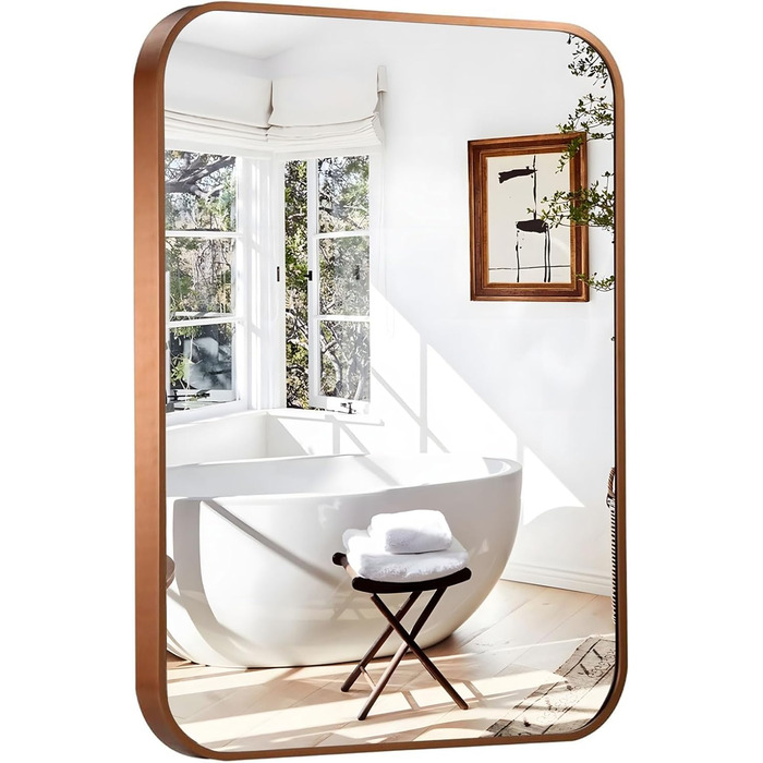 Дзеркало для ванної кімнати на стіну з круглим кутом та коричневим металевим каркасом, 76.2 x 50.8 см, бронза, для ванної, передпокою, вітальні, спальні