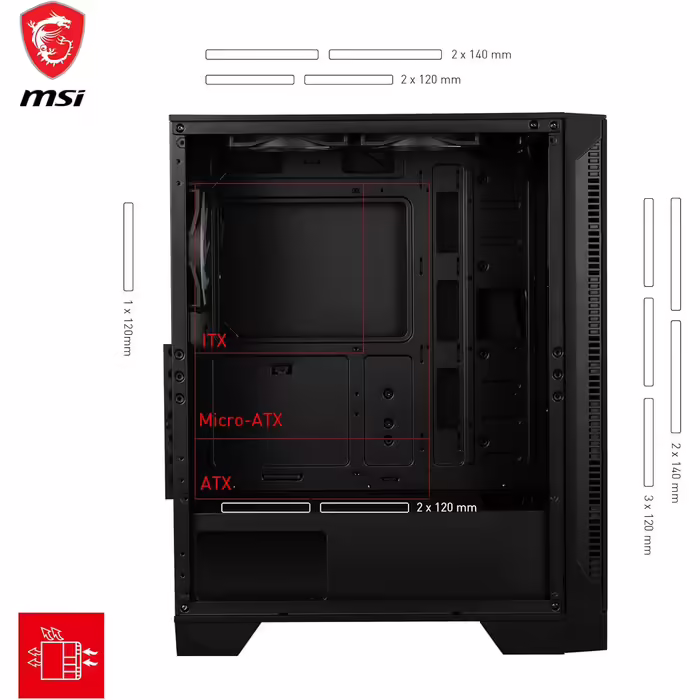 Корпус для ПК MSI MAG Forge 120A Airflow, Mid-Tower, ATX, підтримка RTX 40, Auto-RGB вентилятори, магнітні пилові фільтри, загартоване скло, USB 3.2 Gen1 Typ-A
