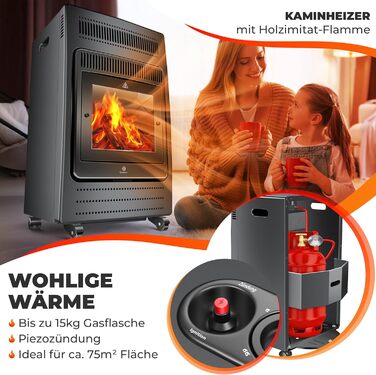 Газовий обігрівач KESSER®: газовий камін-обігрівач з інфрачервоним випромінюванням, 3.4 кВт, 2 режими, з регулятором тиску та шлангом, сумісний з бутаном/пропаном (до 11 кг), антрацит