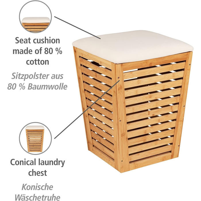 Комод для білизни WENKO Bambusa з подушкою сидіння, конічний бамбуковий кошик для білизни об'ємом 55 л і сидінням з кремовим завантаженням до 120 кг, табурет з місцем для зберігання білизни, 40 x 56 x 40 см
