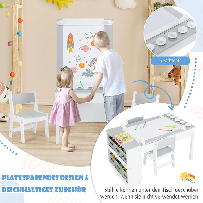Дитячий стіл COSTWAY 3 в 1 з 2 стільцями, активний стіл-мольберт з підйомною стільницею, набір кольорів, 6 тканинних контейнерів та рулон паперу, сірий, 109x60x55 см