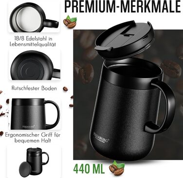 Термокружка з ручкою, подвійні стінки, вакуумна ізоляція, нержавіюча сталь 18/8, з 2 кришками, протиковзке дно, 440 мл, для офісу та робочого місця