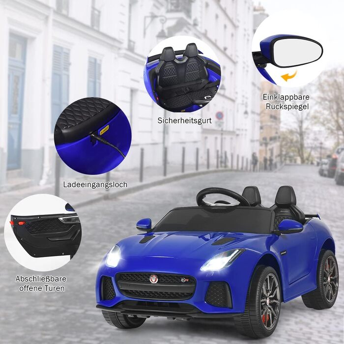 Електромобіль для дітей COSTWAY Jaguar, 12V, з музикою, історіями, сигналом та фарами, з дистанційним керуванням, швидкість 3-5 км/год, для дітей від 3 років, синій