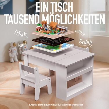 Дитячий столик з двома стільцями Kinderkraft, багатофункціональний: ігри, малювання, читання, 4 змінних панелей, регульований та безпечний, з місцем для зберігання, до 60 кг, від 3 років